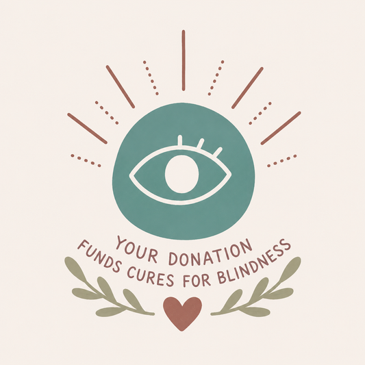 Logo with an eye symbol and text about donating for blindness cure on a light background. Sight Stones call to action to help fund and find cures for blindness.